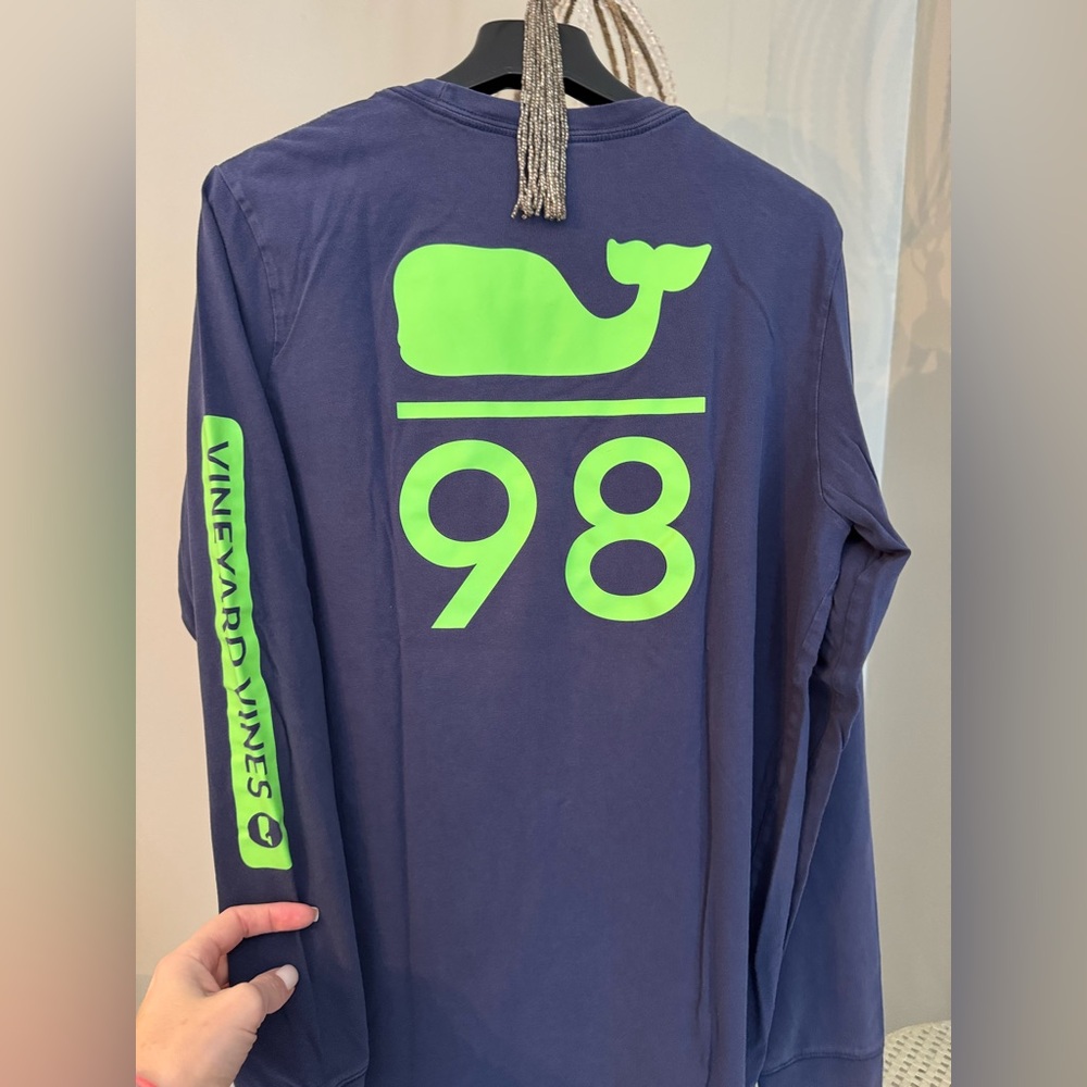 Vineyard Vines Blue LS Shirt with Bright Green Whale Large